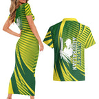 Australian Cricket Couples Matching Short Sleeve Bodycon Dress and Hawaiian Shirt Dynamic Stripe Graphic With Player Silhouette