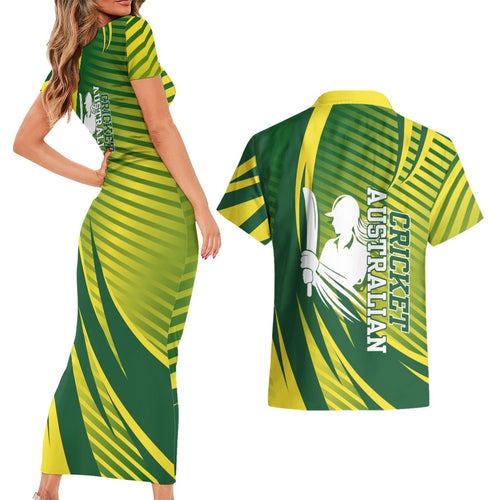 Australian Cricket Couples Matching Short Sleeve Bodycon Dress and Hawaiian Shirt Dynamic Stripe Graphic With Player Silhouette