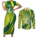 Australian Cricket Couples Matching Short Sleeve Bodycon Dress and Long Sleeve Button Shirt Dynamic Stripe Graphic With Player Silhouette