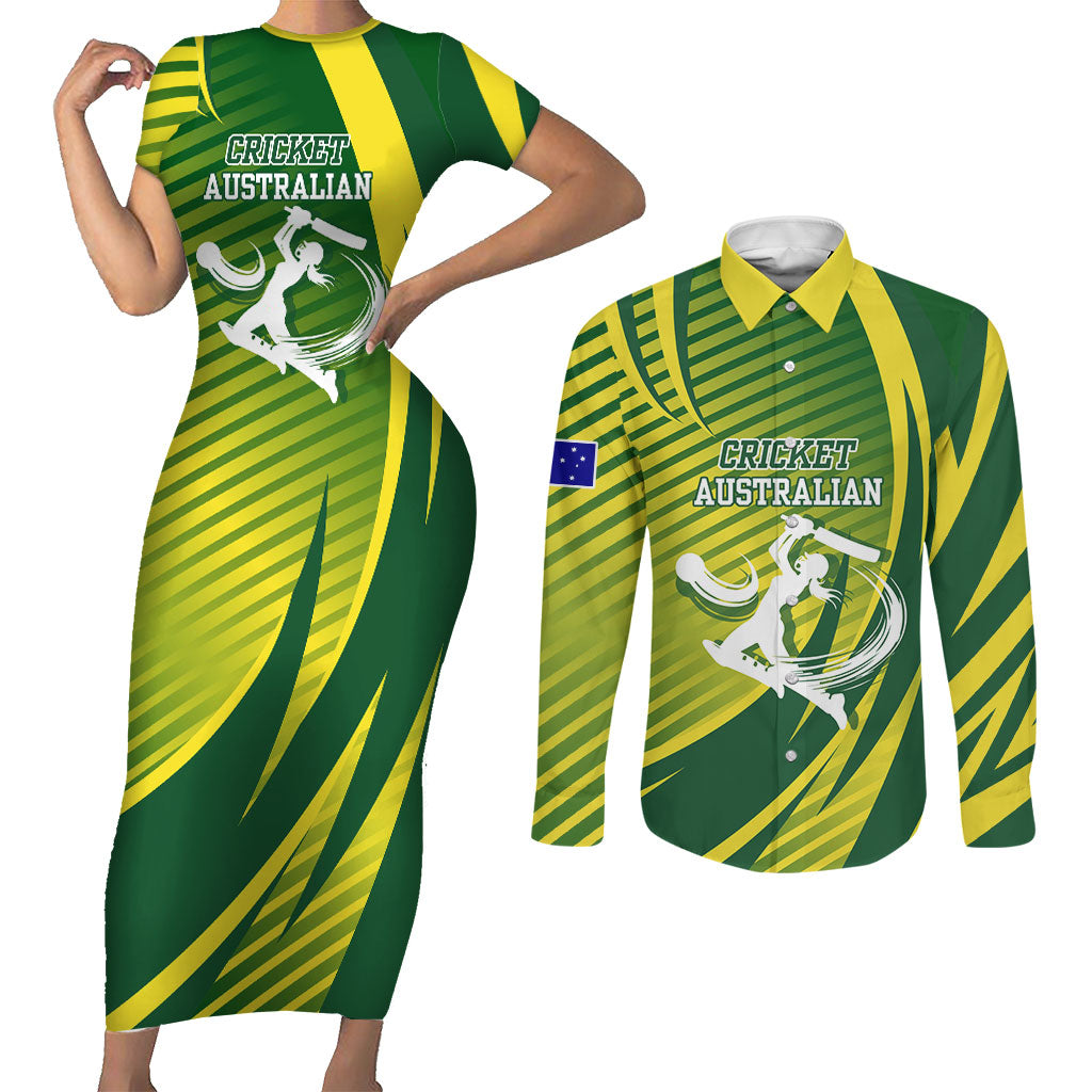 Australian Cricket Couples Matching Short Sleeve Bodycon Dress and Long Sleeve Button Shirt Dynamic Stripe Graphic With Player Silhouette
