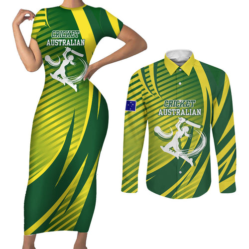 Australian Cricket Couples Matching Short Sleeve Bodycon Dress and Long Sleeve Button Shirt Dynamic Stripe Graphic With Player Silhouette