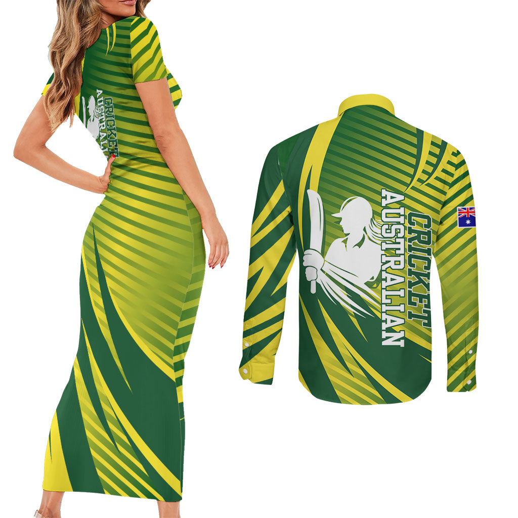 Australian Cricket Couples Matching Short Sleeve Bodycon Dress and Long Sleeve Button Shirt Dynamic Stripe Graphic With Player Silhouette