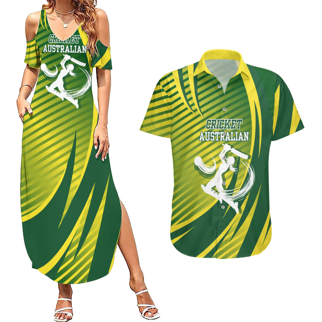 Australian Cricket Couples Matching Summer Maxi Dress and Hawaiian Shirt Dynamic Stripe Graphic With Player Silhouette