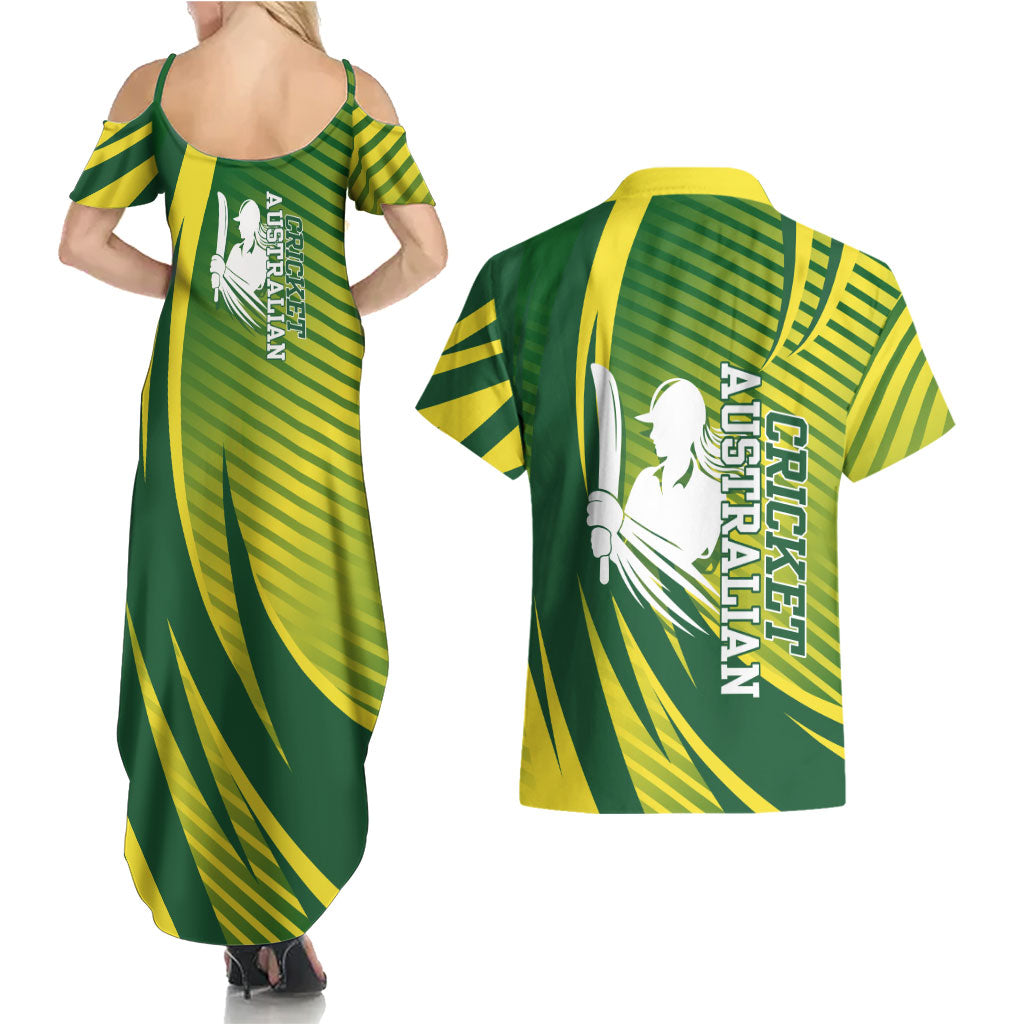 Australian Cricket Couples Matching Summer Maxi Dress and Hawaiian Shirt Dynamic Stripe Graphic With Player Silhouette