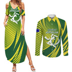 Australian Cricket Couples Matching Summer Maxi Dress and Long Sleeve Button Shirt Dynamic Stripe Graphic With Player Silhouette