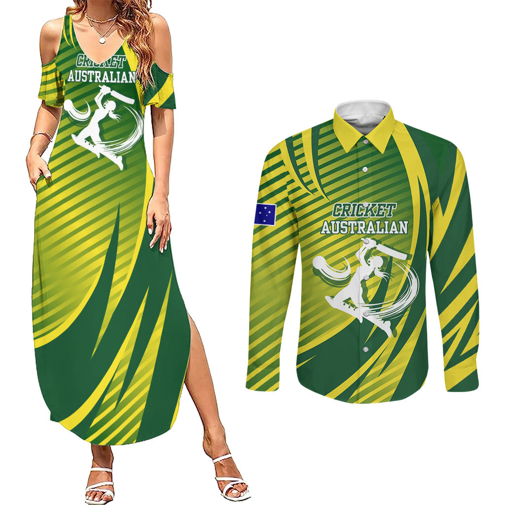 Australian Cricket Couples Matching Summer Maxi Dress and Long Sleeve Button Shirt Dynamic Stripe Graphic With Player Silhouette