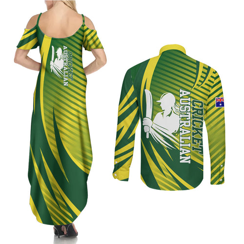 Australian Cricket Couples Matching Summer Maxi Dress and Long Sleeve Button Shirt Dynamic Stripe Graphic With Player Silhouette