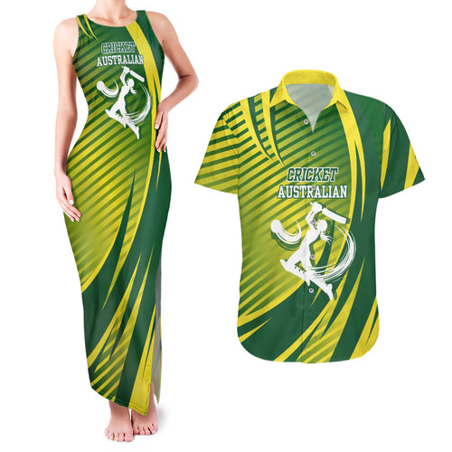 Australian Cricket Couples Matching Tank Maxi Dress and Hawaiian Shirt Dynamic Stripe Graphic With Player Silhouette