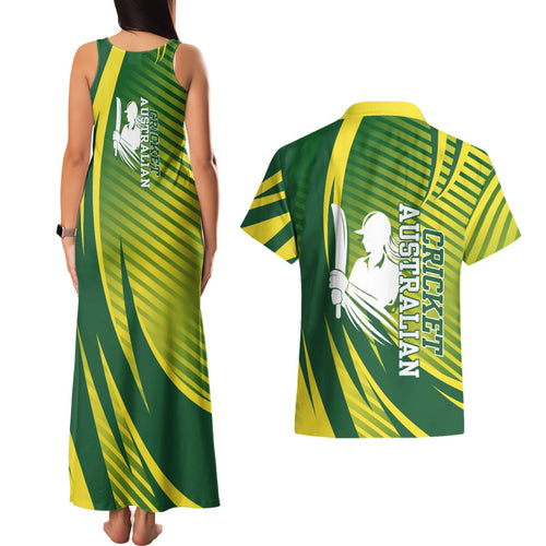 Australian Cricket Couples Matching Tank Maxi Dress and Hawaiian Shirt Dynamic Stripe Graphic With Player Silhouette