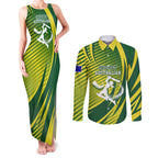 Australian Cricket Couples Matching Tank Maxi Dress and Long Sleeve Button Shirt Dynamic Stripe Graphic With Player Silhouette