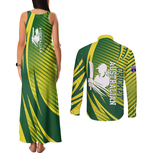 Australian Cricket Couples Matching Tank Maxi Dress and Long Sleeve Button Shirt Dynamic Stripe Graphic With Player Silhouette