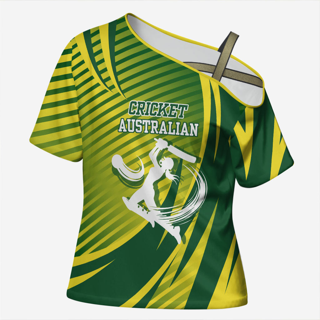Australian Cricket Cross Shoulder Shirt Dynamic Stripe Graphic With Player Silhouette