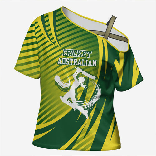 Australian Cricket Cross Shoulder Shirt Dynamic Stripe Graphic With Player Silhouette
