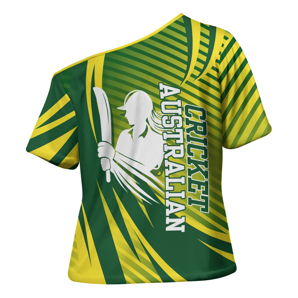 Australian Cricket Cross Shoulder Shirt Dynamic Stripe Graphic With Player Silhouette