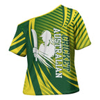 Australian Cricket Cross Shoulder Shirt Dynamic Stripe Graphic With Player Silhouette