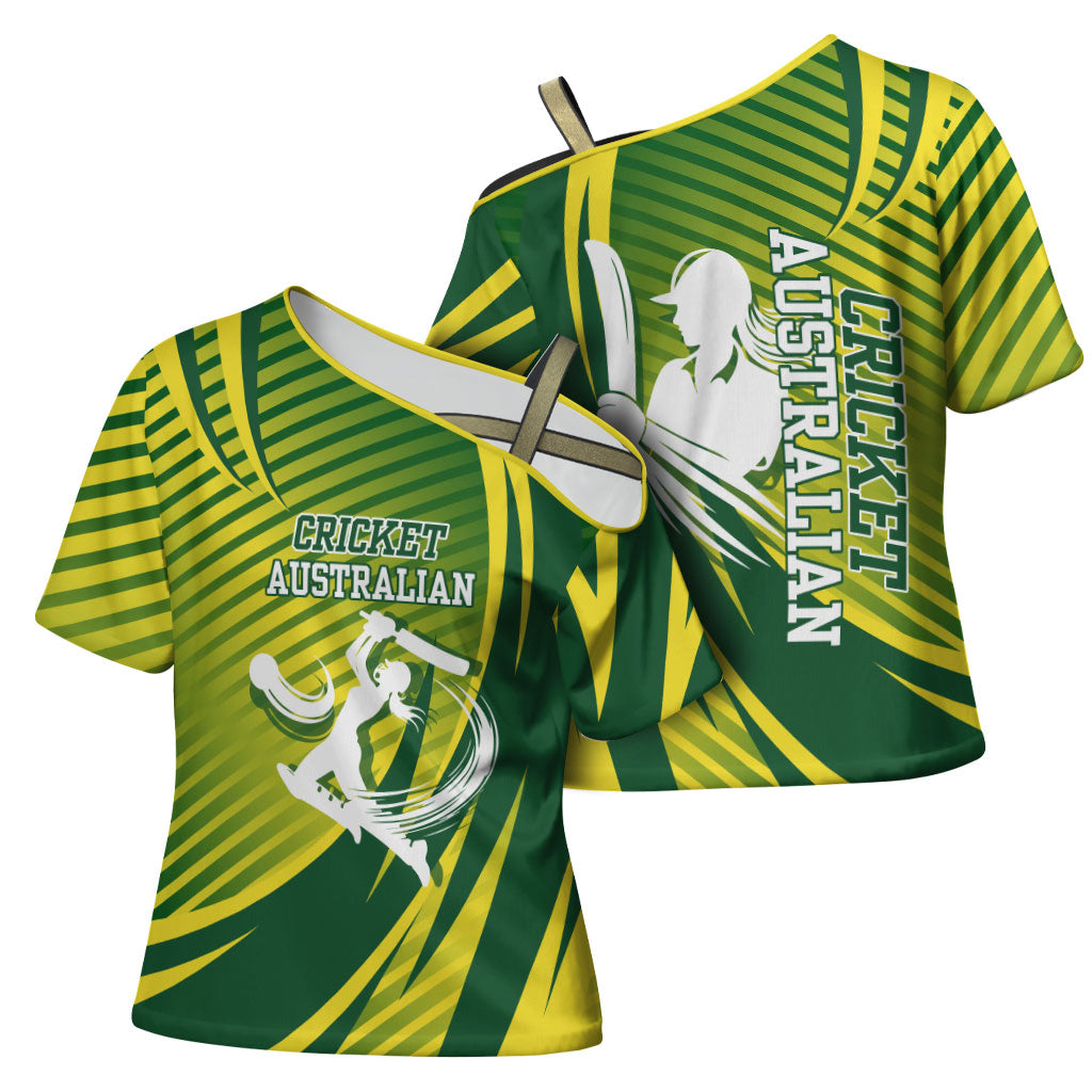 Australian Cricket Cross Shoulder Shirt Dynamic Stripe Graphic With Player Silhouette