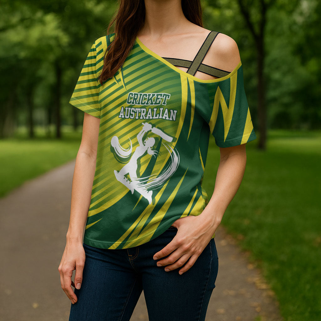 Australian Cricket Cross Shoulder Shirt Dynamic Stripe Graphic With Player Silhouette