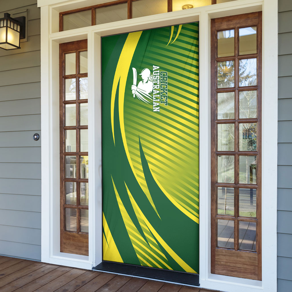 Australian Cricket Door Cover Dynamic Stripe Graphic With Player Silhouette