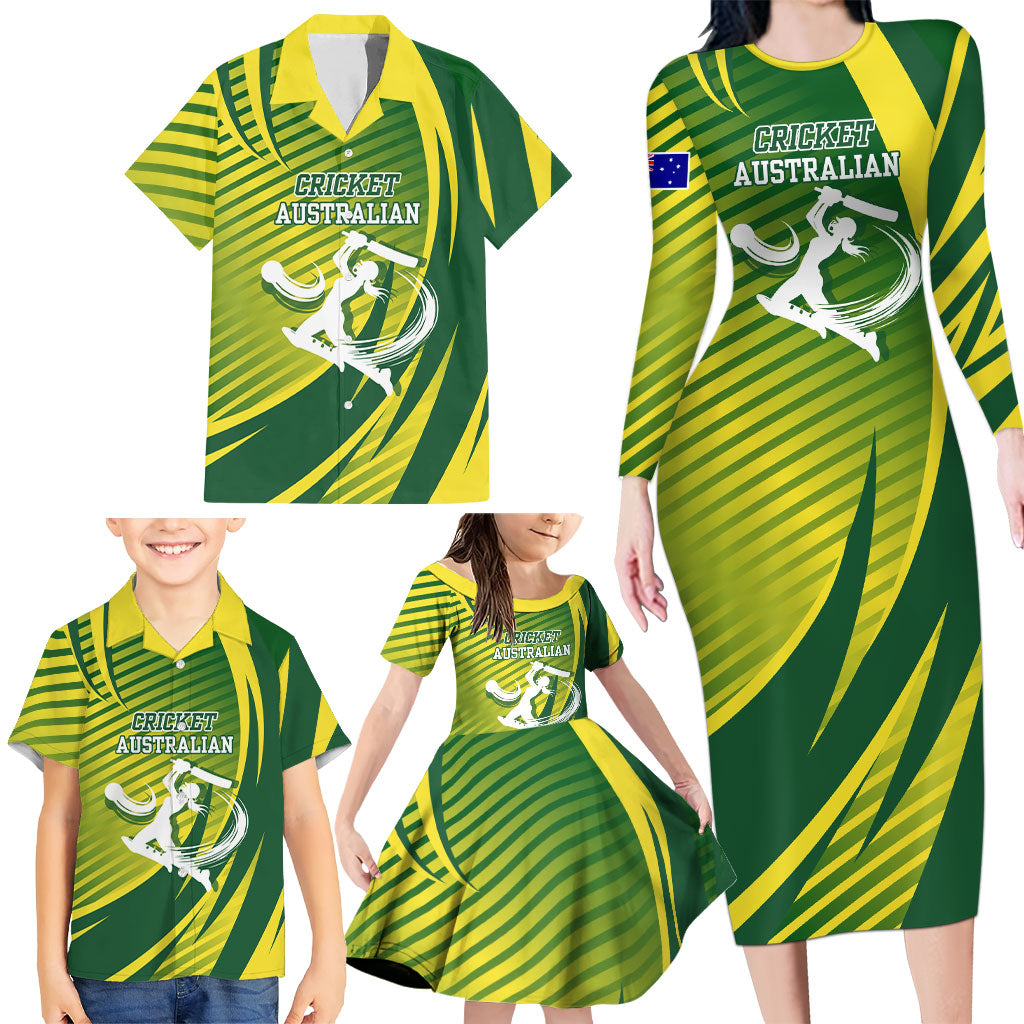Australian Cricket Family Matching Long Sleeve Bodycon Dress and Hawaiian Shirt Dynamic Stripe Graphic With Player Silhouette