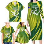 Australian Cricket Family Matching Long Sleeve Bodycon Dress and Hawaiian Shirt Dynamic Stripe Graphic With Player Silhouette