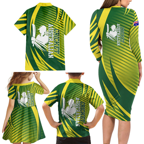 Australian Cricket Family Matching Long Sleeve Bodycon Dress and Hawaiian Shirt Dynamic Stripe Graphic With Player Silhouette