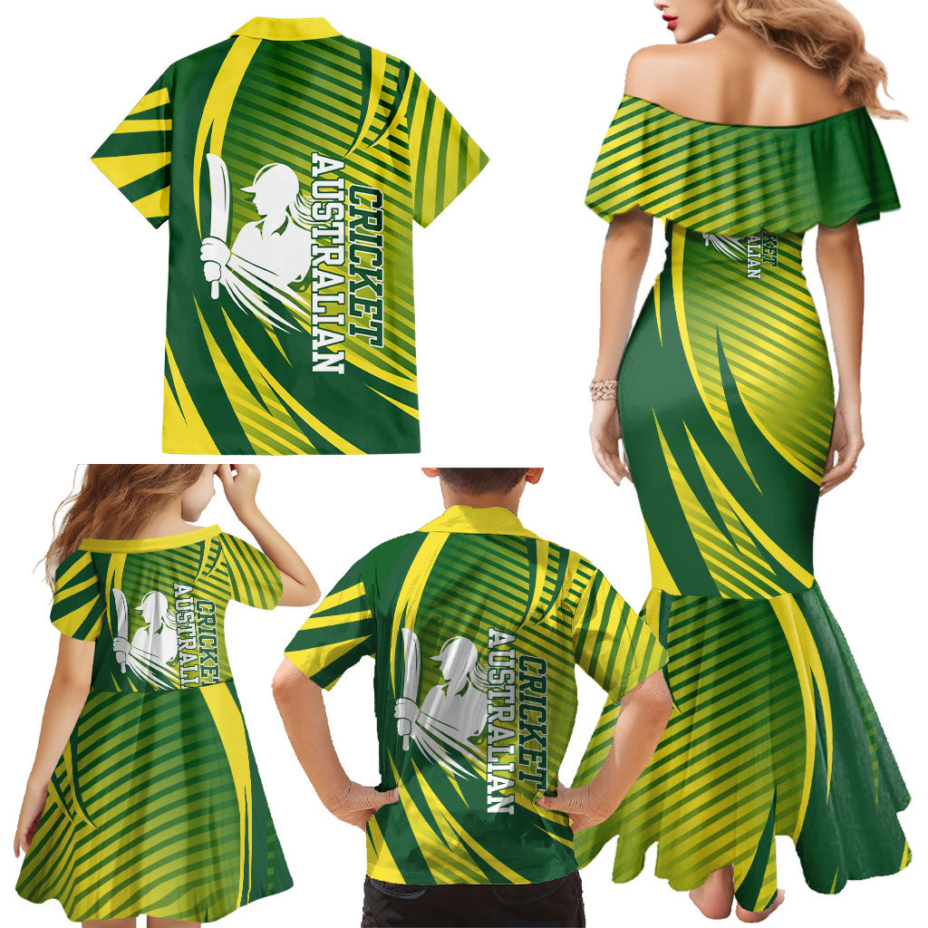 Australian Cricket Family Matching Mermaid Dress and Hawaiian Shirt Dynamic Stripe Graphic With Player Silhouette