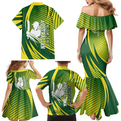 Australian Cricket Family Matching Mermaid Dress and Hawaiian Shirt Dynamic Stripe Graphic With Player Silhouette