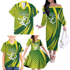 Australian Cricket Family Matching Off The Shoulder Long Sleeve Dress and Hawaiian Shirt Dynamic Stripe Graphic With Player Silhouette