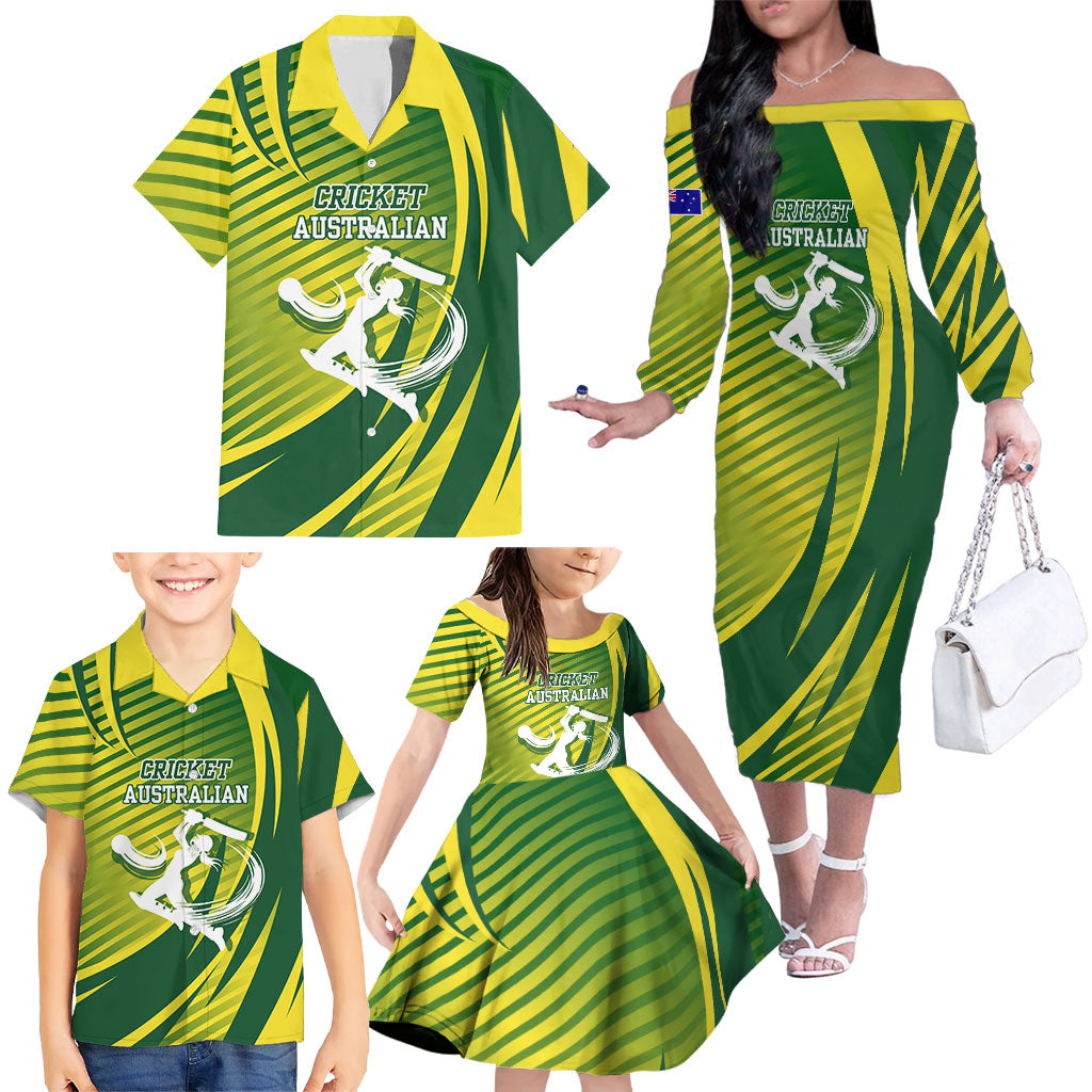 Australian Cricket Family Matching Off The Shoulder Long Sleeve Dress and Hawaiian Shirt Dynamic Stripe Graphic With Player Silhouette