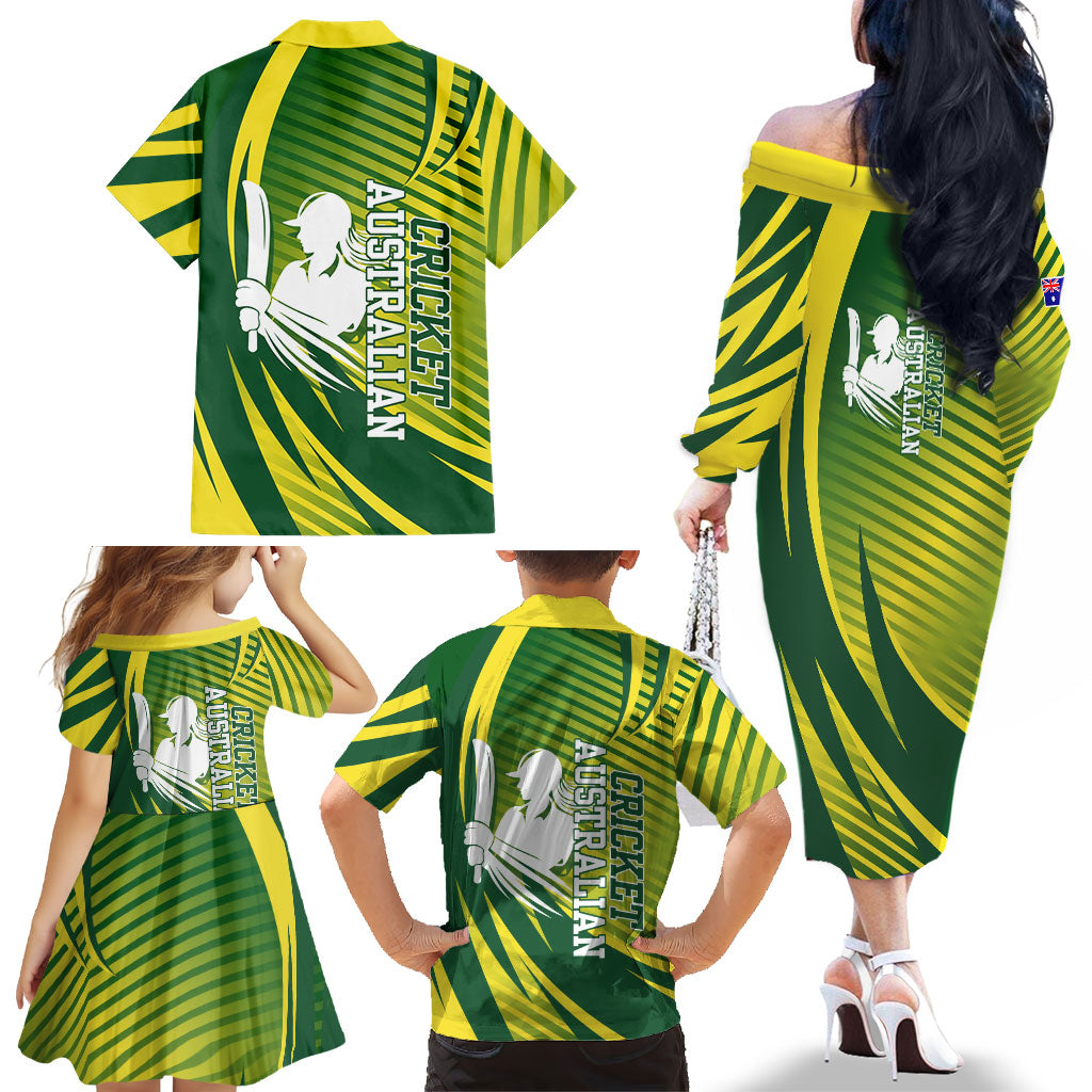 Australian Cricket Family Matching Off The Shoulder Long Sleeve Dress and Hawaiian Shirt Dynamic Stripe Graphic With Player Silhouette