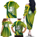 Australian Cricket Family Matching Off The Shoulder Long Sleeve Dress and Hawaiian Shirt Dynamic Stripe Graphic With Player Silhouette