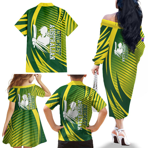 Australian Cricket Family Matching Off The Shoulder Long Sleeve Dress and Hawaiian Shirt Dynamic Stripe Graphic With Player Silhouette
