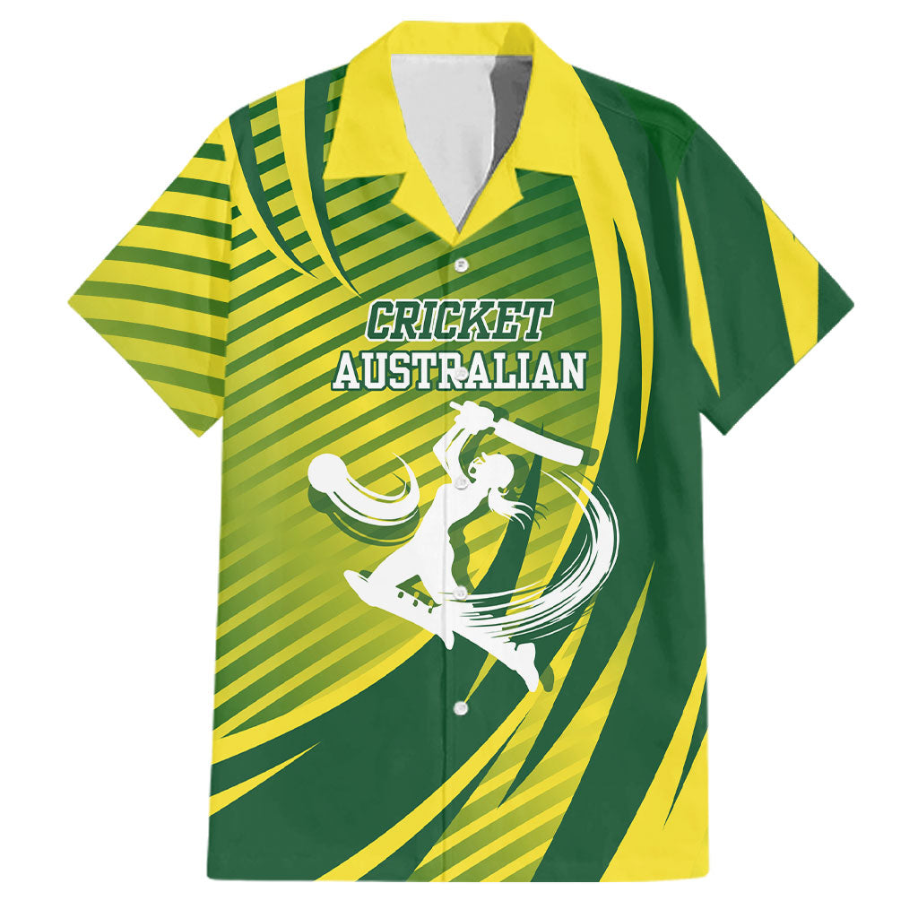 Australian Cricket Family Matching Off The Shoulder Long Sleeve Dress and Hawaiian Shirt Dynamic Stripe Graphic With Player Silhouette