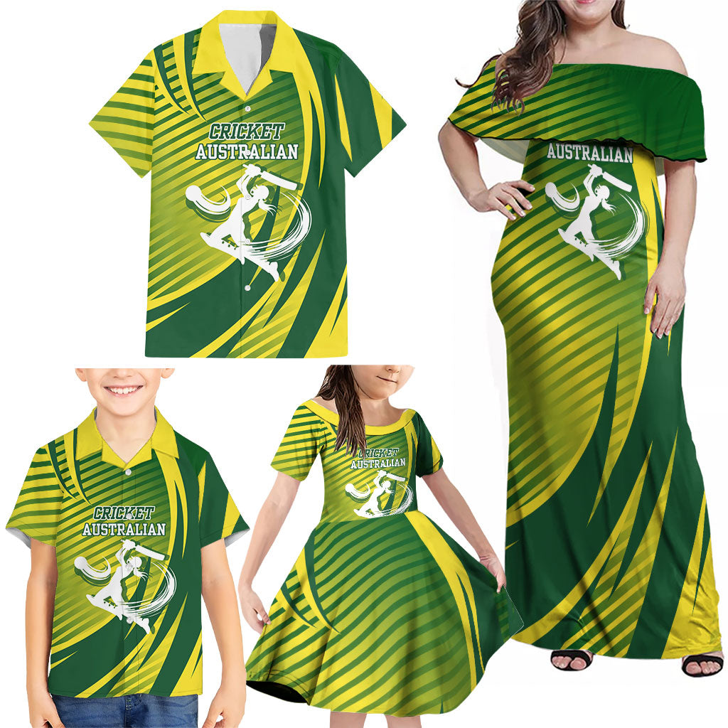 Australian Cricket Family Matching Off Shoulder Maxi Dress and Hawaiian Shirt Dynamic Stripe Graphic With Player Silhouette