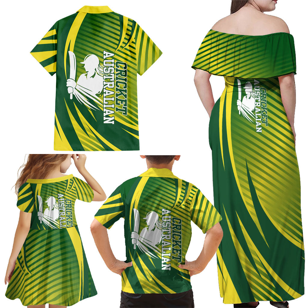 Australian Cricket Family Matching Off Shoulder Maxi Dress and Hawaiian Shirt Dynamic Stripe Graphic With Player Silhouette