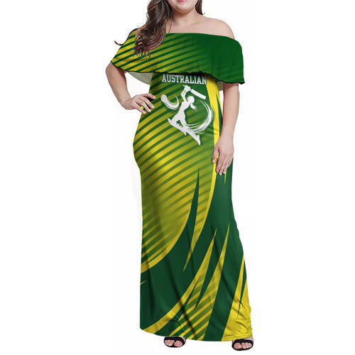 Australian Cricket Family Matching Off Shoulder Maxi Dress and Hawaiian Shirt Dynamic Stripe Graphic With Player Silhouette