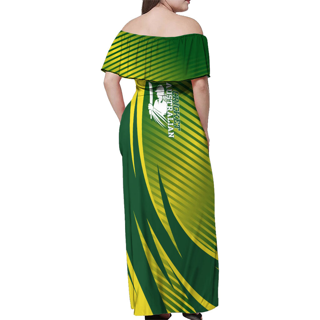 Australian Cricket Family Matching Off Shoulder Maxi Dress and Hawaiian Shirt Dynamic Stripe Graphic With Player Silhouette