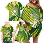 Australian Cricket Family Matching Off Shoulder Short Dress and Hawaiian Shirt Dynamic Stripe Graphic With Player Silhouette