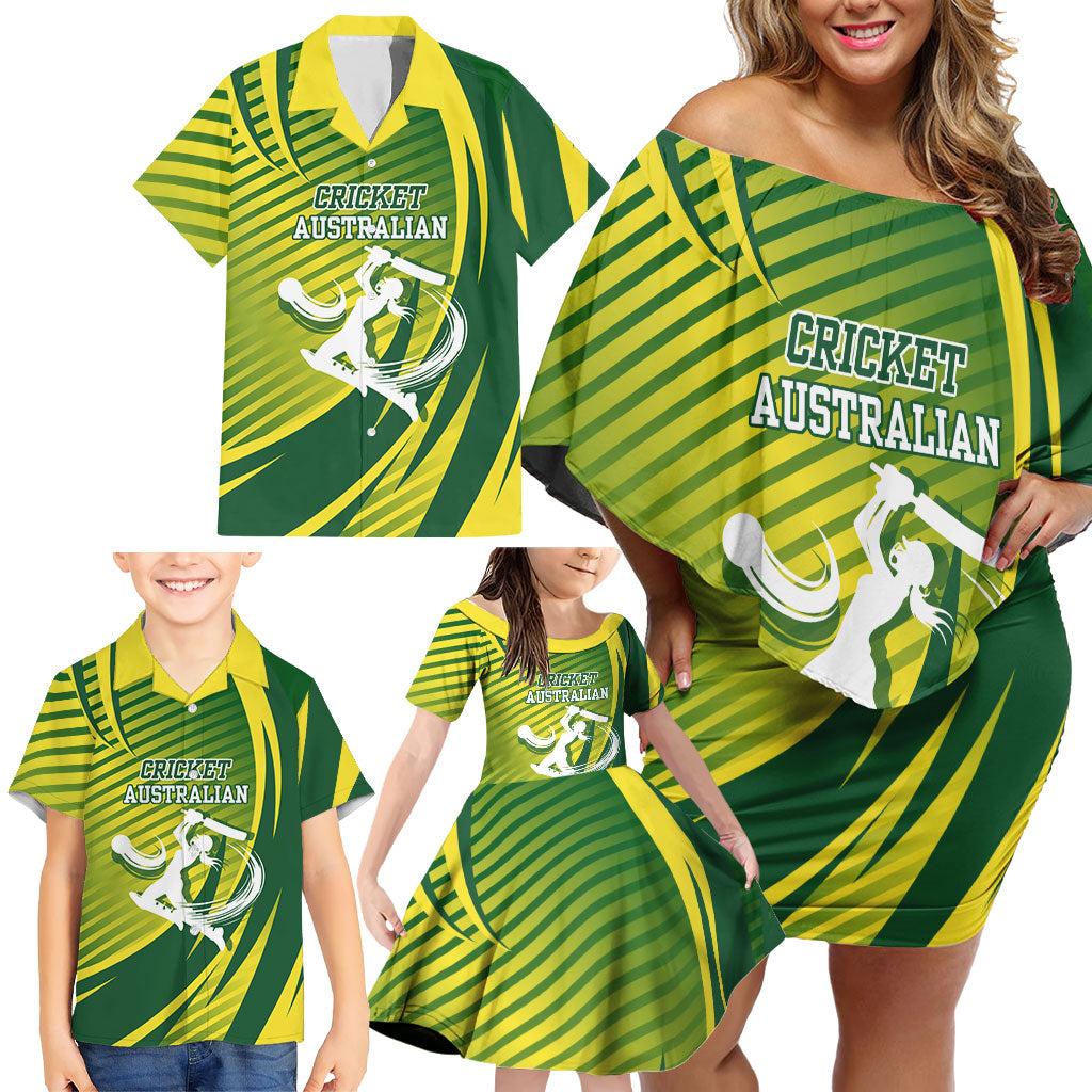Australian Cricket Family Matching Off Shoulder Short Dress and Hawaiian Shirt Dynamic Stripe Graphic With Player Silhouette