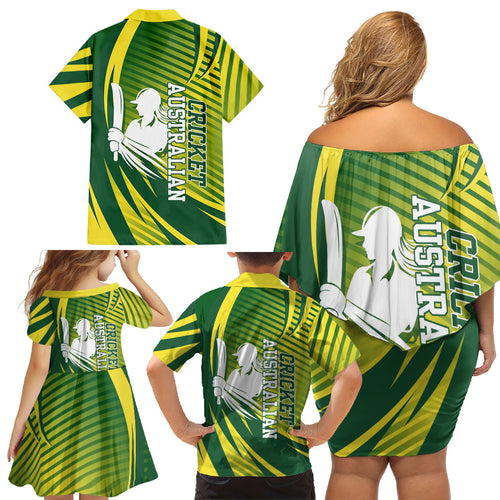 Australian Cricket Family Matching Off Shoulder Short Dress and Hawaiian Shirt Dynamic Stripe Graphic With Player Silhouette