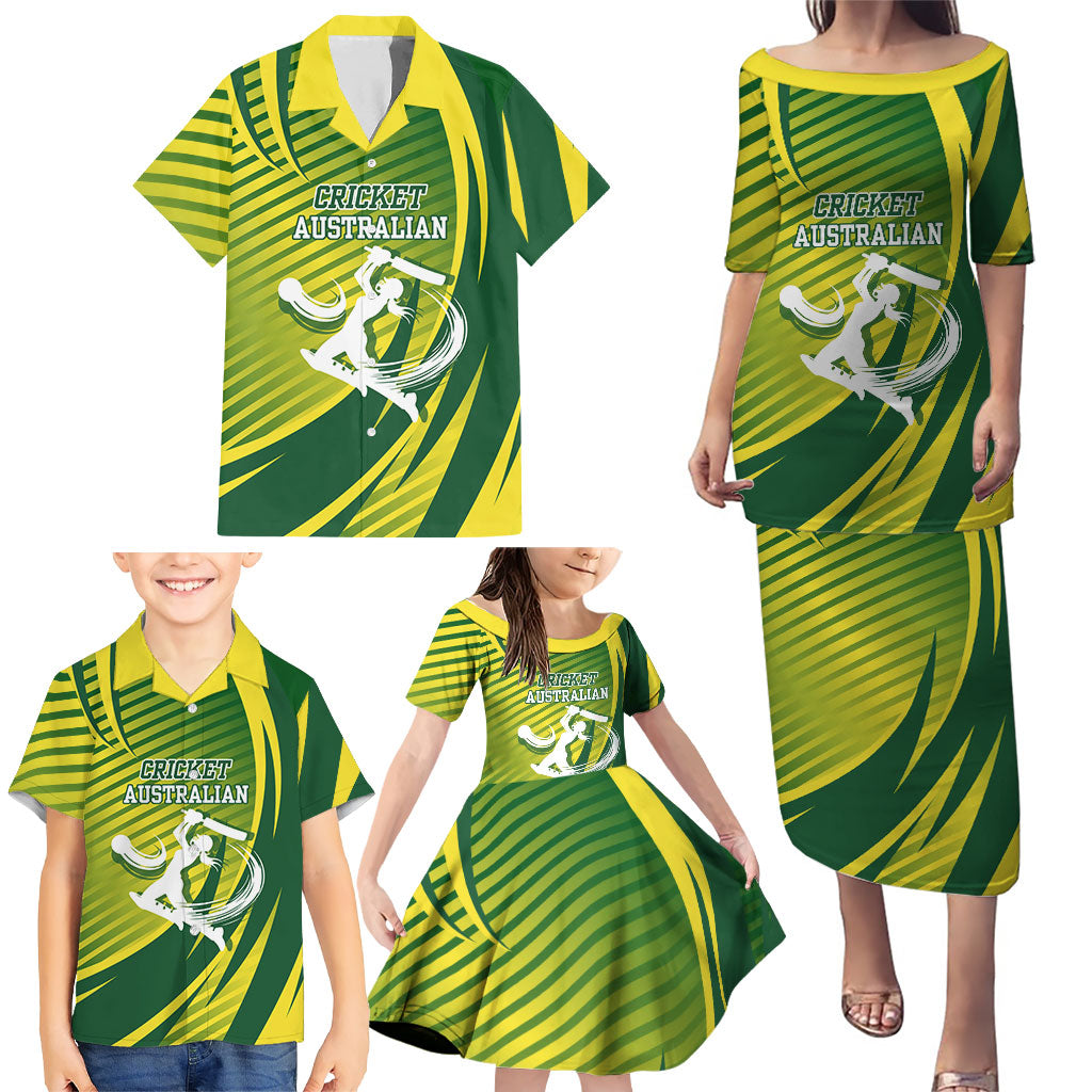 Australian Cricket Family Matching Puletasi and Hawaiian Shirt Dynamic Stripe Graphic With Player Silhouette