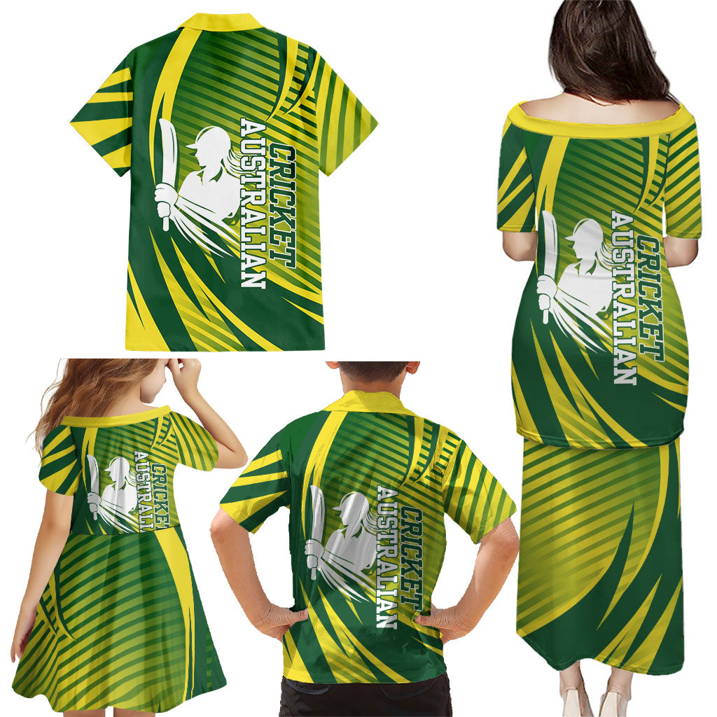 Australian Cricket Family Matching Puletasi and Hawaiian Shirt Dynamic Stripe Graphic With Player Silhouette
