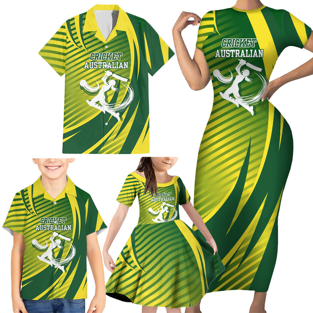 Australian Cricket Family Matching Short Sleeve Bodycon Dress and Hawaiian Shirt Dynamic Stripe Graphic With Player Silhouette