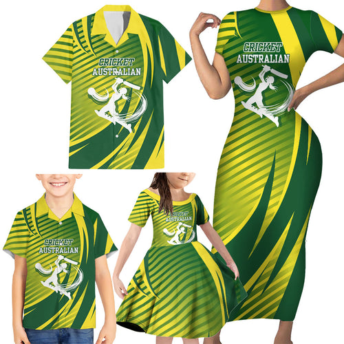 Australian Cricket Family Matching Short Sleeve Bodycon Dress and Hawaiian Shirt Dynamic Stripe Graphic With Player Silhouette