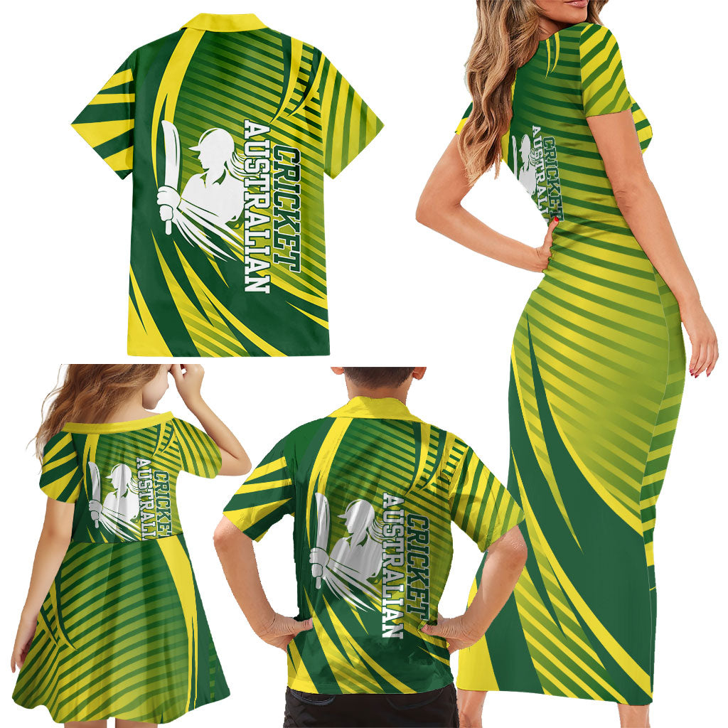 Australian Cricket Family Matching Short Sleeve Bodycon Dress and Hawaiian Shirt Dynamic Stripe Graphic With Player Silhouette