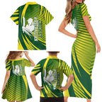 Australian Cricket Family Matching Short Sleeve Bodycon Dress and Hawaiian Shirt Dynamic Stripe Graphic With Player Silhouette