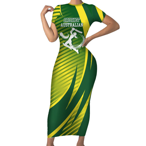 Australian Cricket Family Matching Short Sleeve Bodycon Dress and Hawaiian Shirt Dynamic Stripe Graphic With Player Silhouette