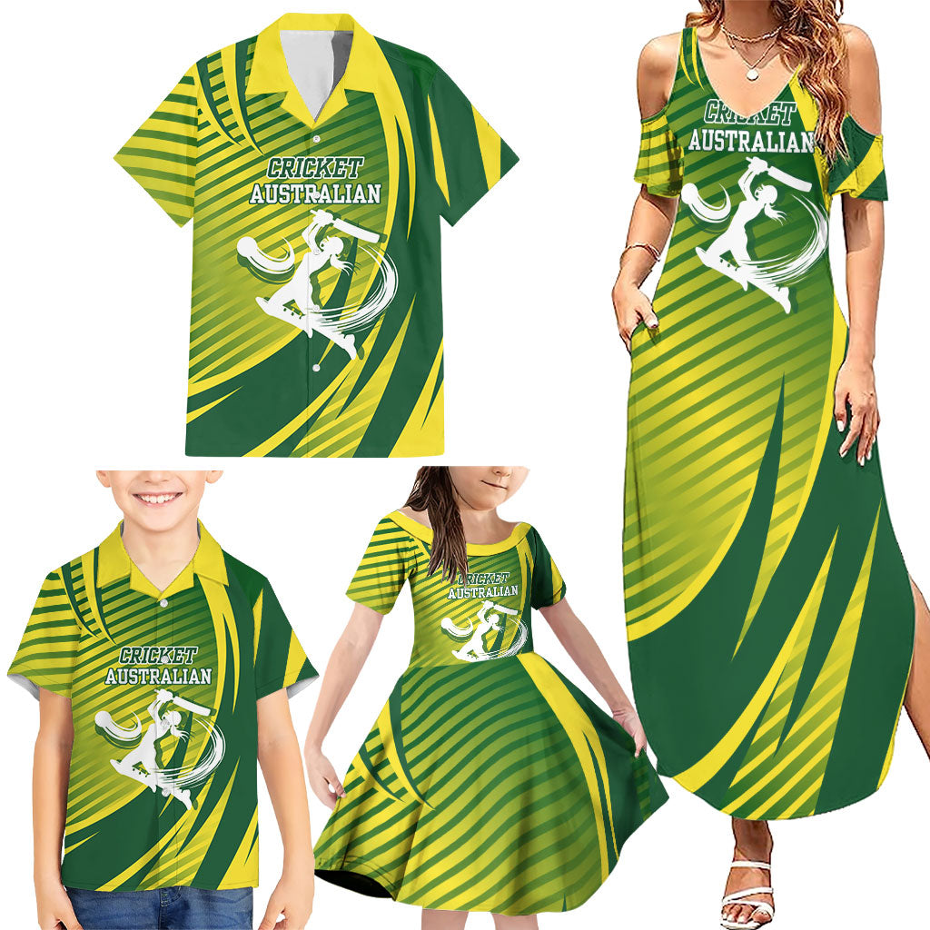 Australian Cricket Family Matching Summer Maxi Dress and Hawaiian Shirt Dynamic Stripe Graphic With Player Silhouette