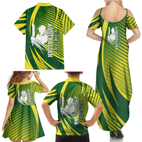 Australian Cricket Family Matching Summer Maxi Dress and Hawaiian Shirt Dynamic Stripe Graphic With Player Silhouette