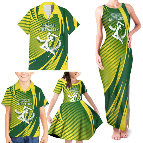 Australian Cricket Family Matching Tank Maxi Dress and Hawaiian Shirt Dynamic Stripe Graphic With Player Silhouette